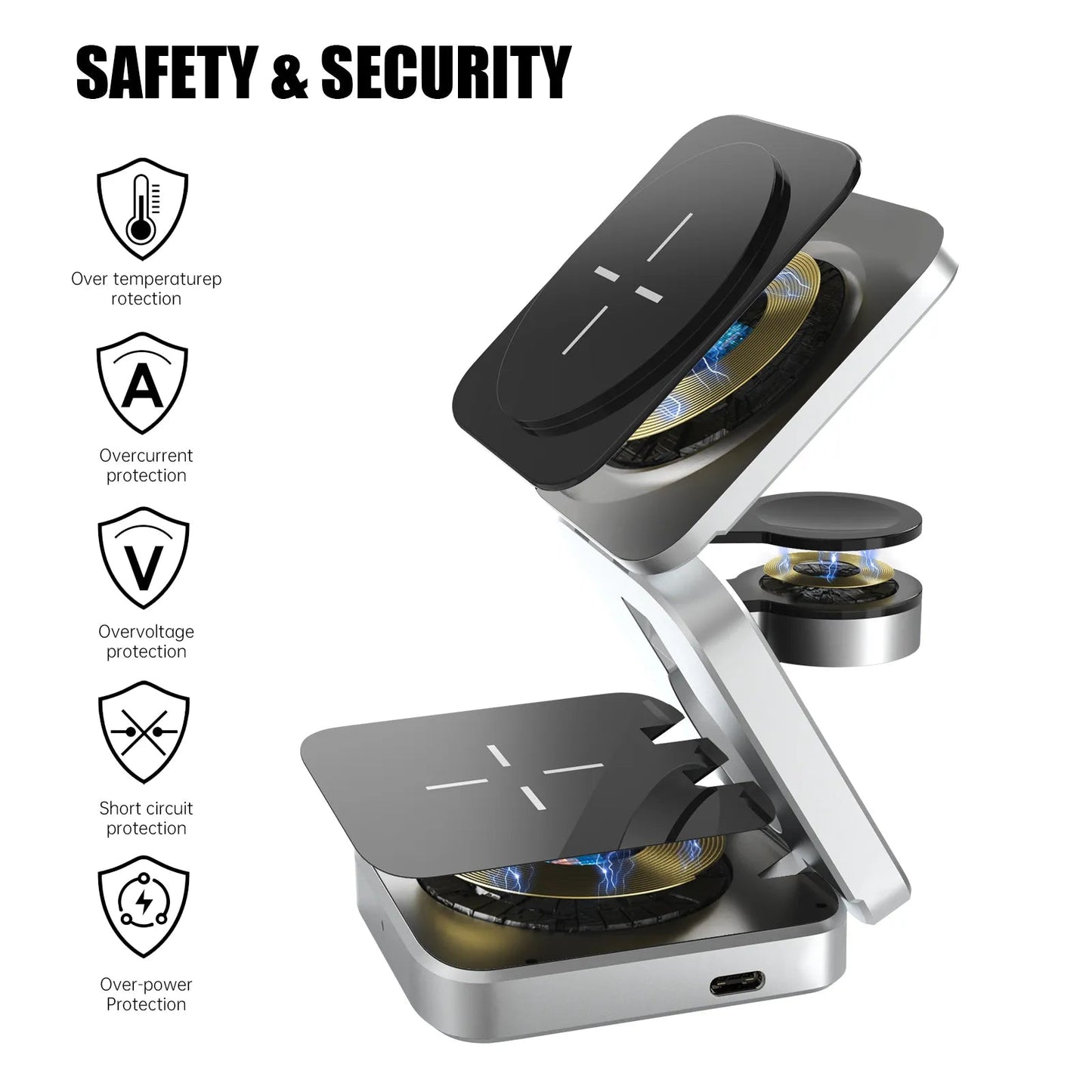 Multi-device charging station with advanced safety and security features including temperature and overcurrent protection