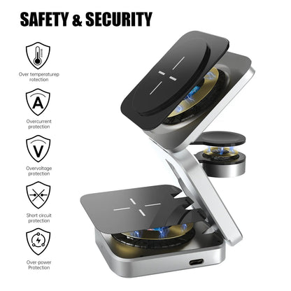Multi-device charging station with advanced safety and security features including temperature and overcurrent protection
