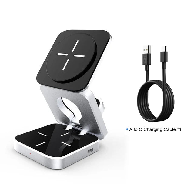 Compact multi-device charging station with foldable design and included A to C charging cable