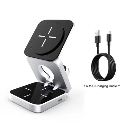 Compact multi-device charging station with foldable design and included A to C charging cable