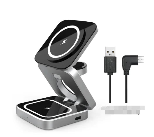 Compact multi-device charging station with foldable black and silver design and included USB charging cable