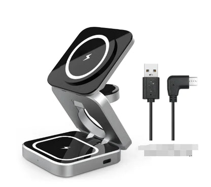 Compact multi-device charging station with foldable black and silver design and included USB charging cable