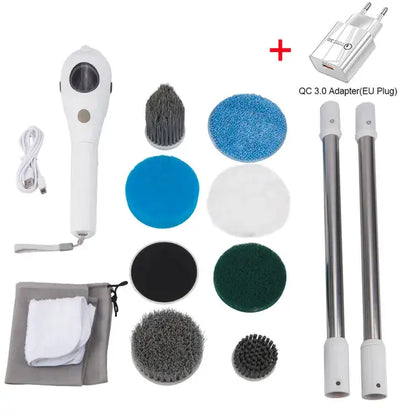 Multi-purpose electric cleaning tool kit with various brush heads, microfiber pads, extension poles, and charger adapter