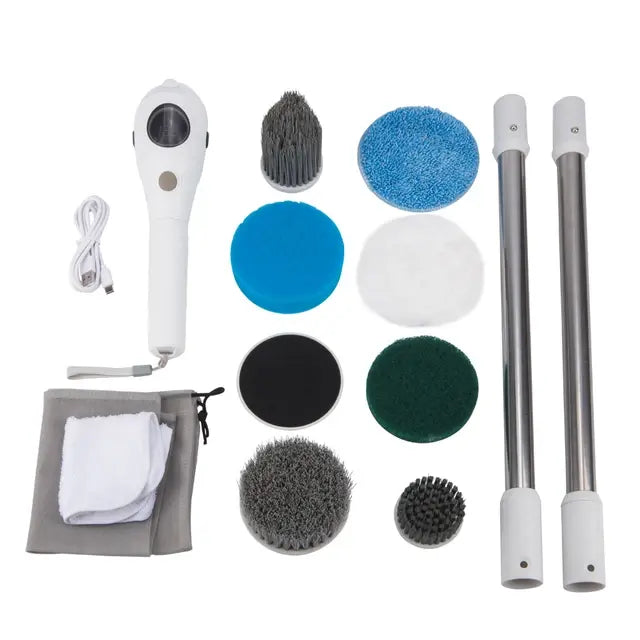 Multi-purpose electric cleaning tool kit with detachable brush heads, extension poles, charger, and microfiber cloths