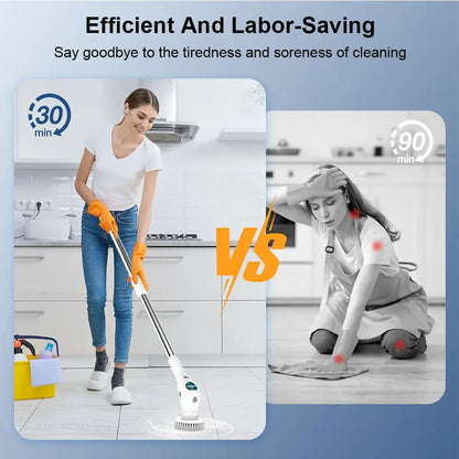 Multi-purpose electric cleaning tool used by woman in kitchen demonstrating efficient labor-saving cleaning