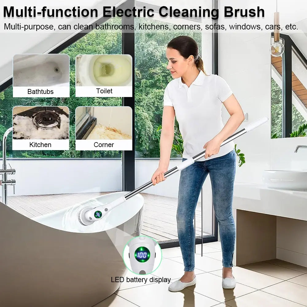 Multi-purpose electric cleaning tool being used to clean a bathtub with LED battery display and long handle