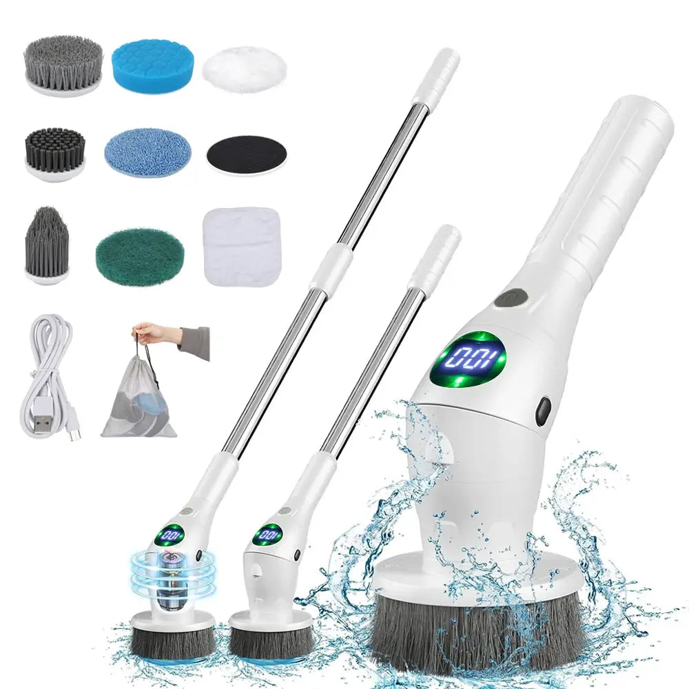 Multi-purpose electric cleaning tool with detachable brush heads and extendable handles for versatile cleaning