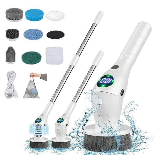 Multi-purpose electric cleaning tool with detachable brush heads and extendable handles for versatile cleaning