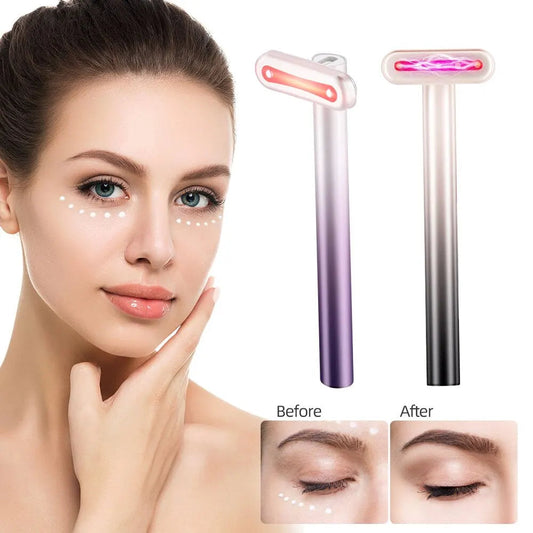 Multifunctional beauty tool with LED light used on under eye area for skin care before and after results