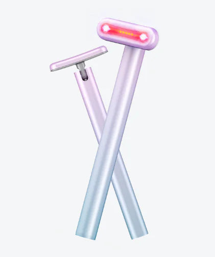 Multifunctional beauty tool in metallic lavender with LED light and sleek ergonomic design