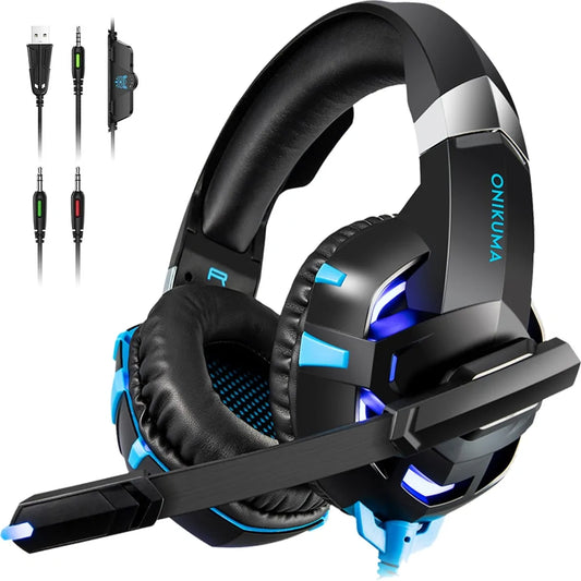 ONIKUMA comfortable headset for gaming with padded ear cups and adjustable microphone in black and blue