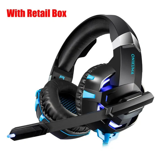 Black and blue comfortable headset for gaming with cushioned ear pads and adjustable microphone