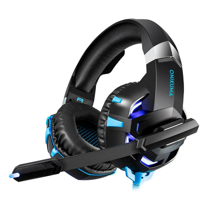 Black and blue comfortable headset for gaming with padded ear cups and adjustable microphone