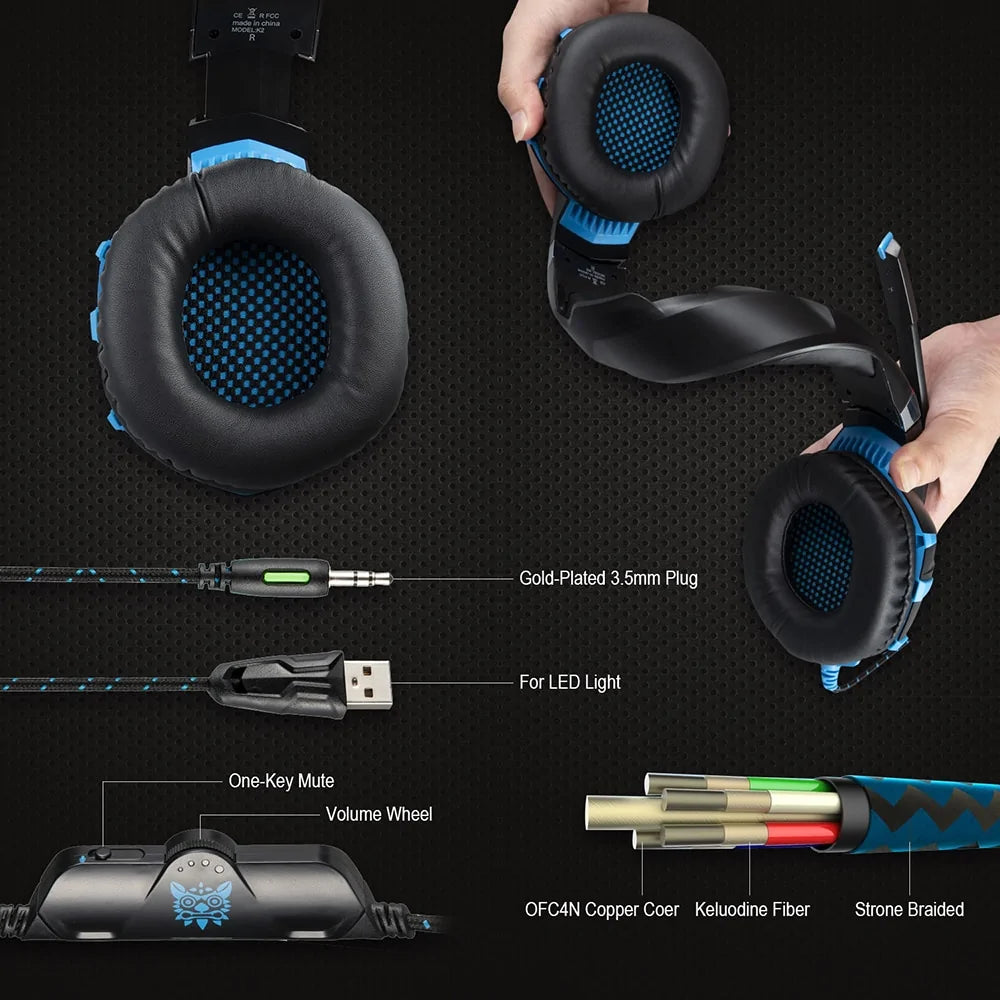 Comfortable headset for gaming with padded ear cushions, volume wheel, mute button, and braided cable