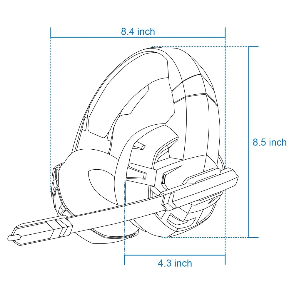 Blueprint style illustration of a comfortable headset for gaming with dimensions labeled
