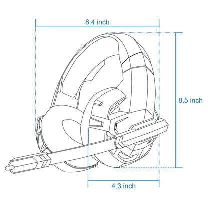 Blueprint style illustration of a comfortable headset for gaming with dimensions labeled
