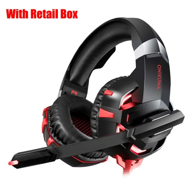 Onikuma black and red comfortable headset for gaming with cushioned ear pads and built-in microphone