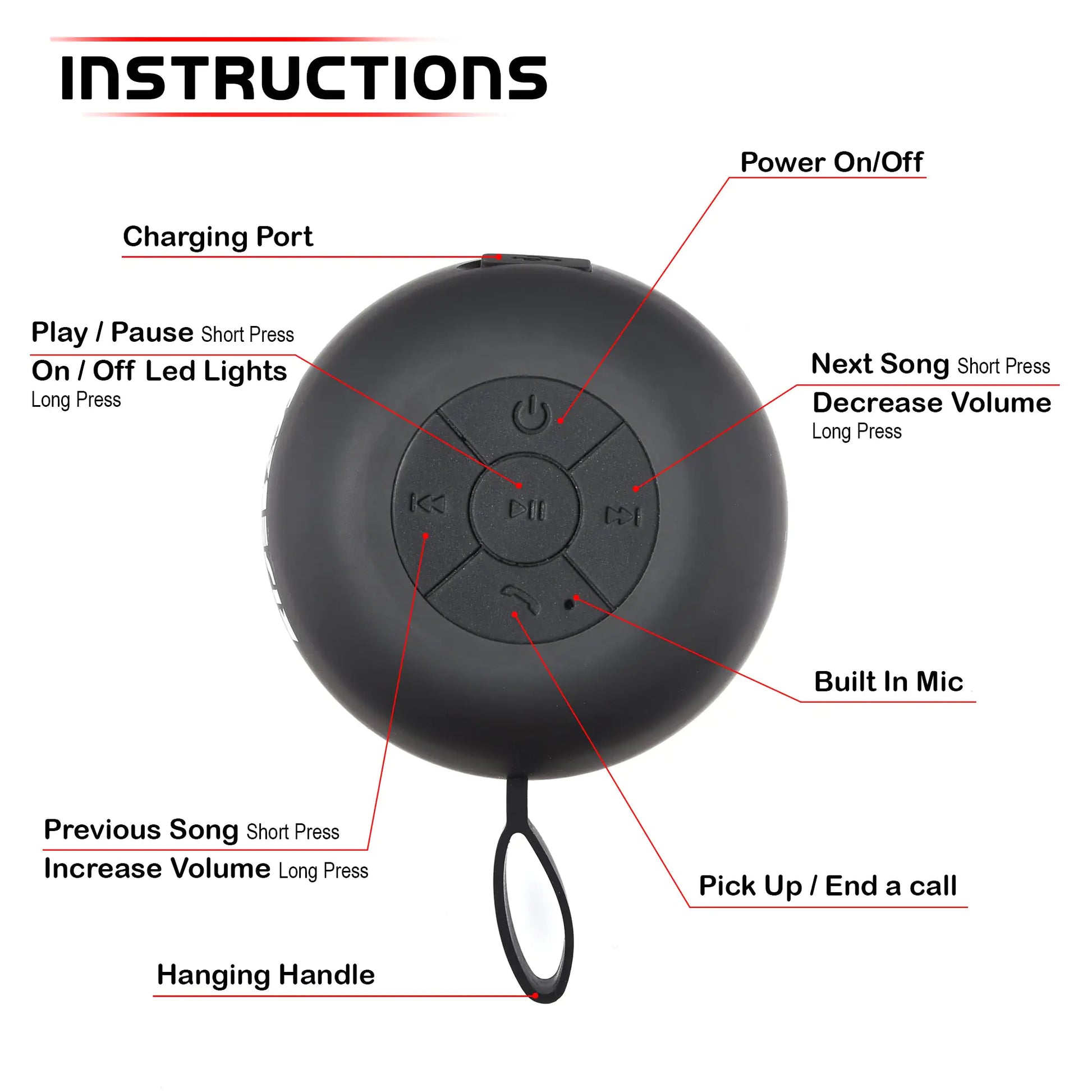 Top view of black portable Bluetooth speaker showing control buttons and hanging handle