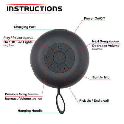 Top view of black portable Bluetooth speaker showing control buttons and hanging handle