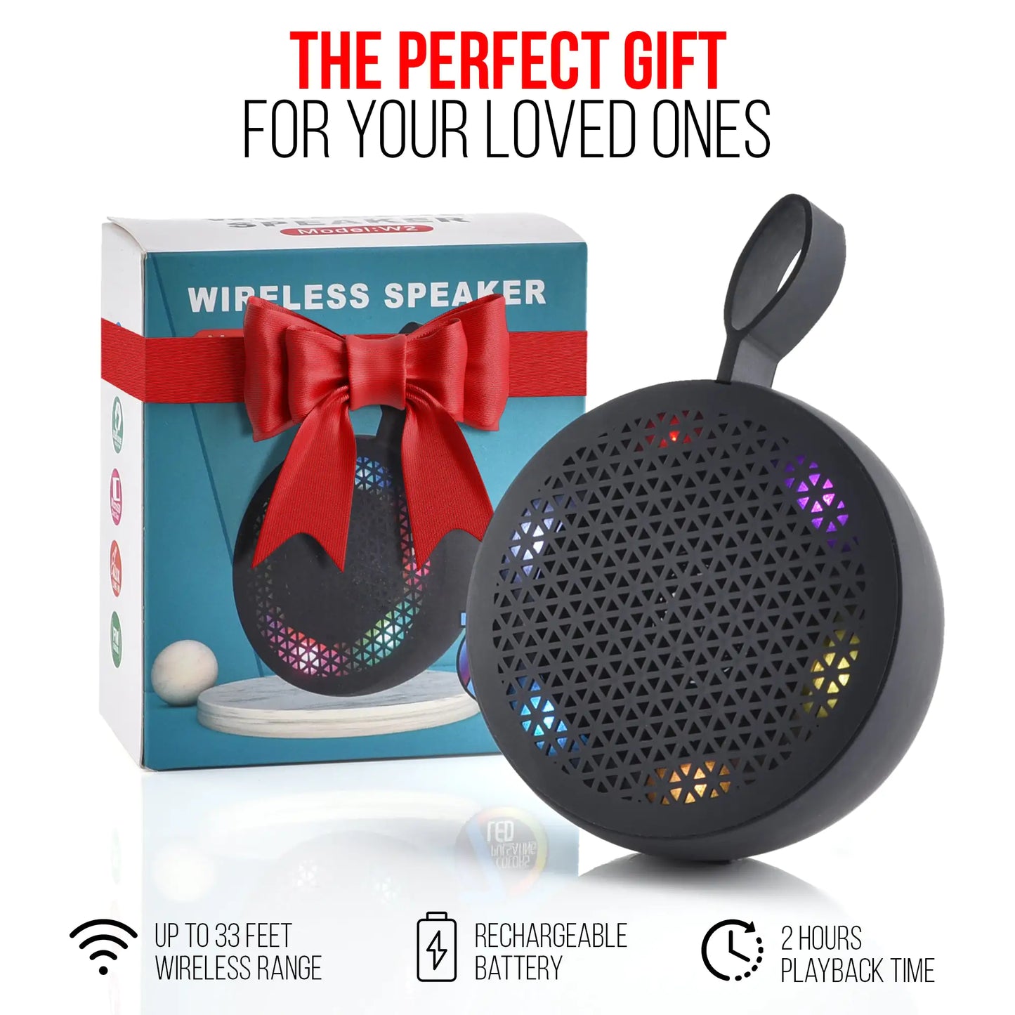 Black portable Bluetooth speaker with rechargeable battery and 33 feet wireless range, gift-wrapped box