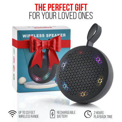 Black portable Bluetooth speaker with rechargeable battery and 33 feet wireless range, gift-wrapped box
