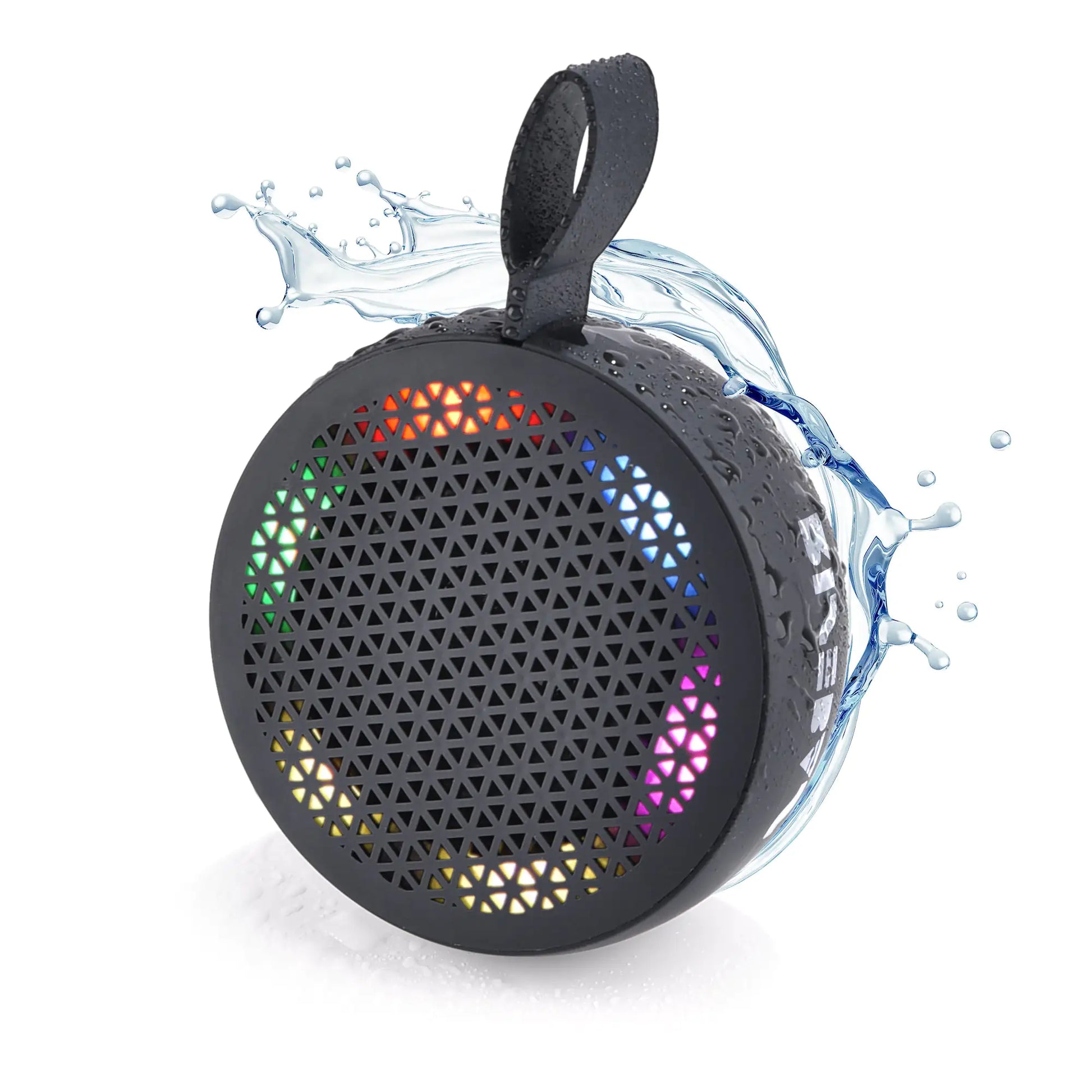 Black portable Bluetooth speaker with colorful LED lights and water splash showing waterproof feature
