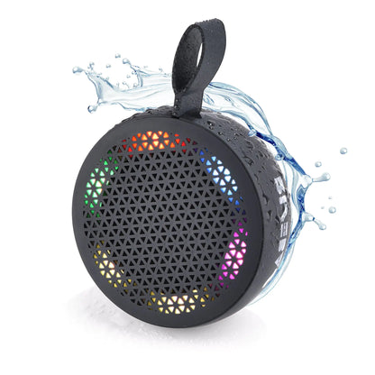 Black portable Bluetooth speaker with colorful LED lights and water splash showing waterproof feature