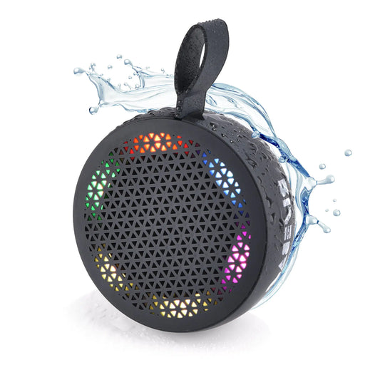 Black portable Bluetooth speaker with colorful LED lights and water splash showing waterproof feature