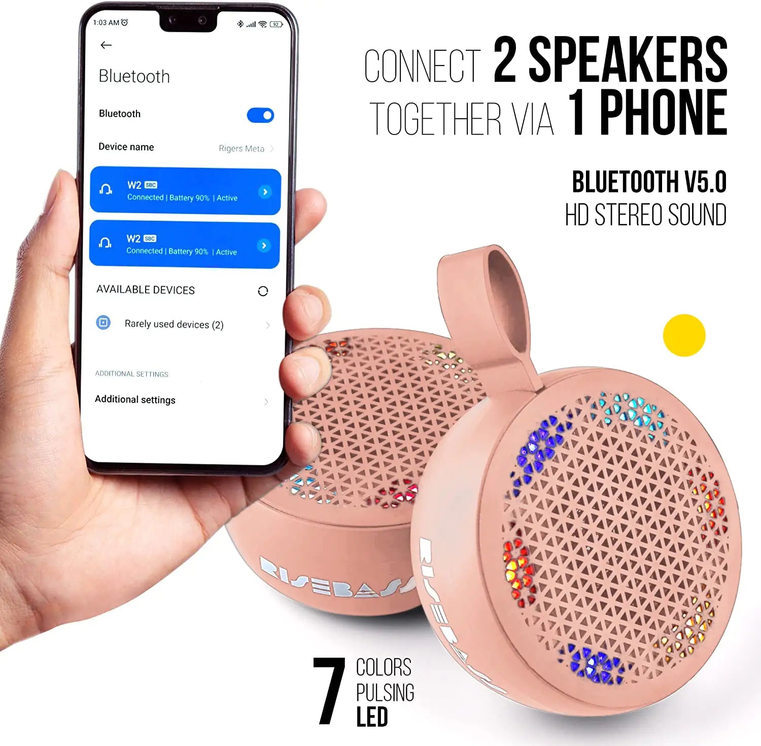 Pink portable Bluetooth speaker with pulsing LED lights connected to a smartphone via Bluetooth 5.0