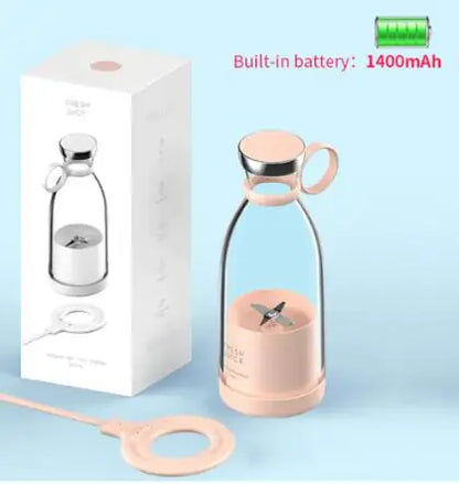 Pink portable juicer blender with built-in 1400mAh battery and USB charging cable by My Store