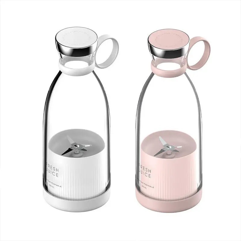 White and pink portable juicer blender bottles with handles and stainless steel blades