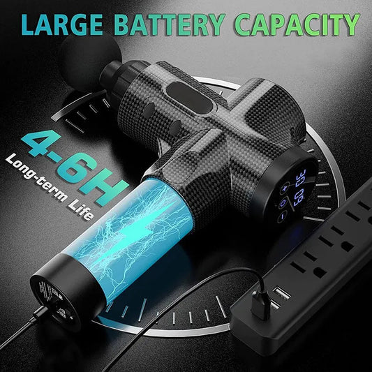 Portable massage gun with large battery capacity showing 4.6 hour long-term life and digital display charging