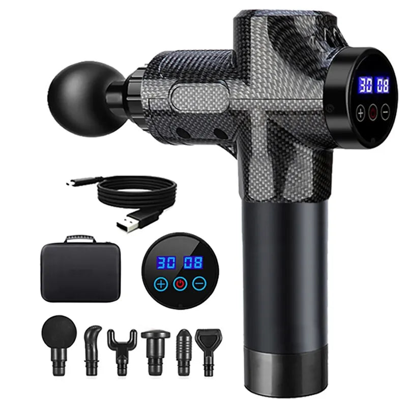 Portable massage gun with digital display, multiple attachments, USB charging cable, and carrying case