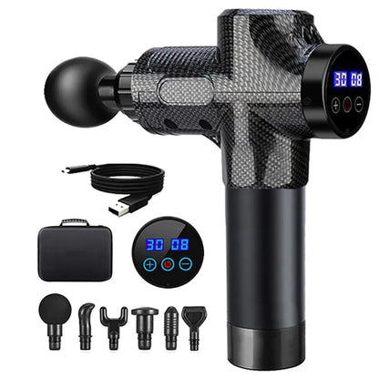 Portable massage gun with digital display, multiple attachments, USB charging cable, and carrying case