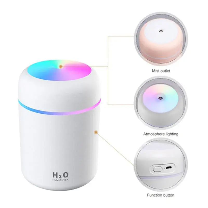 White portable mini air humidifier with mist outlet atmosphere lighting and function button