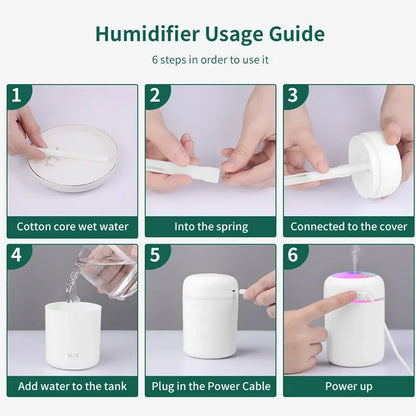 Step-by-step humidifier usage guide showing setup of portable mini air humidifier with water and power