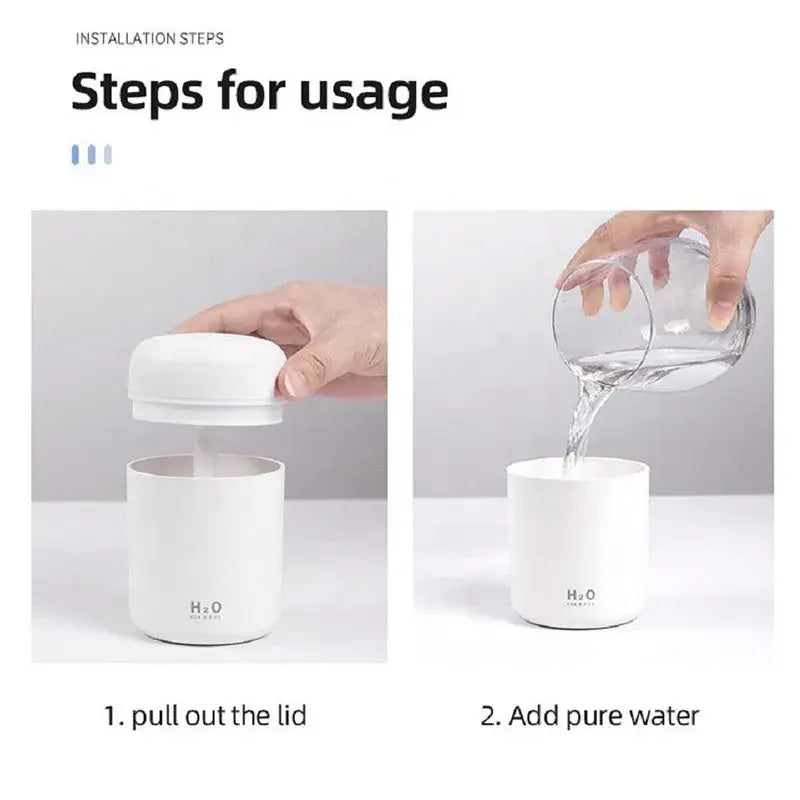 Steps for usage of portable mini air humidifier showing pulling out the lid and adding pure water