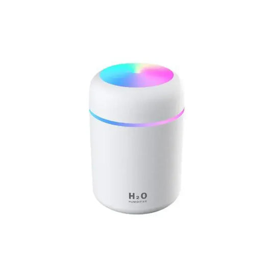 White portable mini air humidifier with colorful LED light and compact design