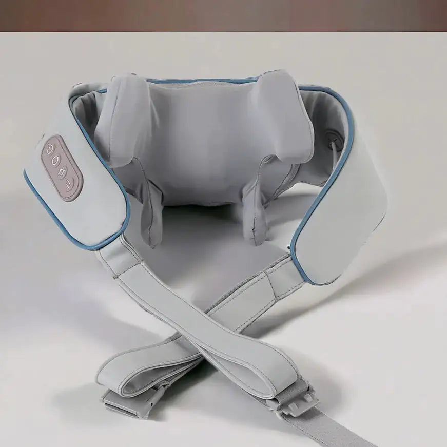 Gray portable shoulder massager with heat featuring adjustable straps and control buttons