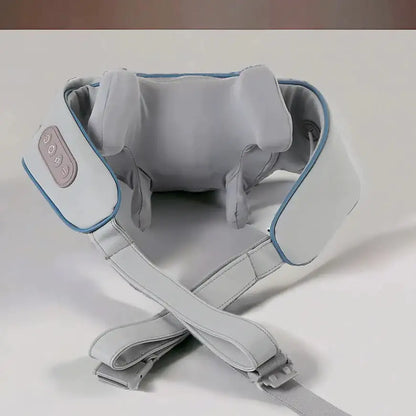 Gray portable shoulder massager with heat featuring adjustable straps and control buttons