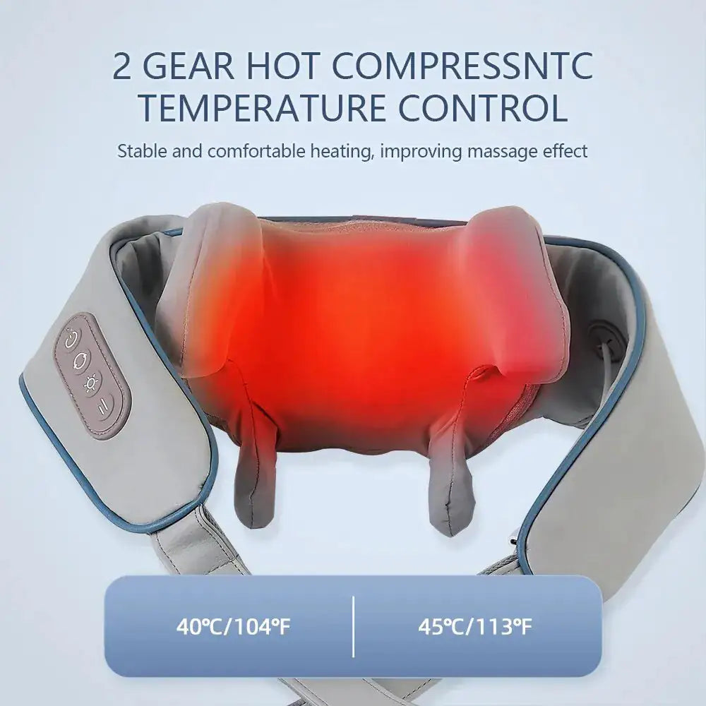 Portable shoulder massager with heat showing 2 gear hot compress and temperature control for comfortable heating