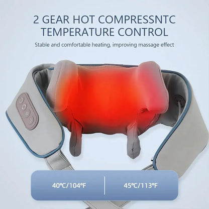 Portable shoulder massager with heat showing 2 gear hot compress and temperature control for comfortable heating