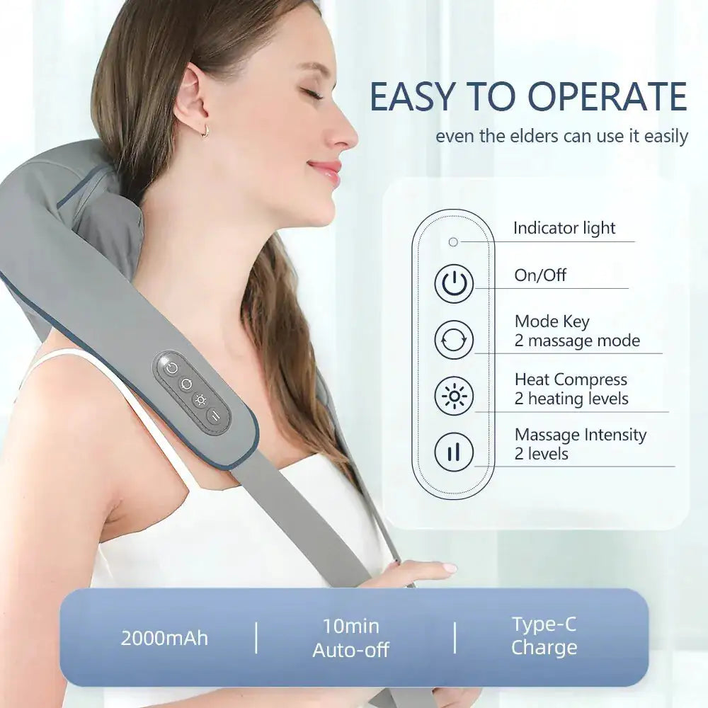 Woman using portable shoulder massager with heat featuring easy controls and 10 minute auto-off function