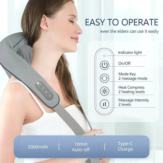 Woman using portable shoulder massager with heat featuring easy controls and 10 minute auto-off function