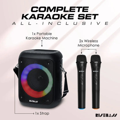 Complete home karaoke system with portable machine featuring colorful lights and two wireless microphones