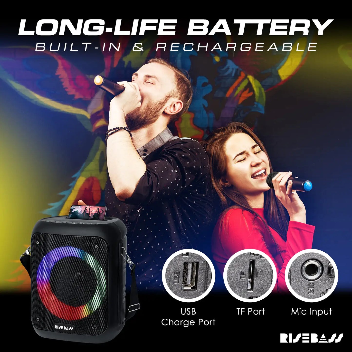 Home karaoke system with long-life rechargeable battery USB TF mic input ports black speaker with colorful LED lights