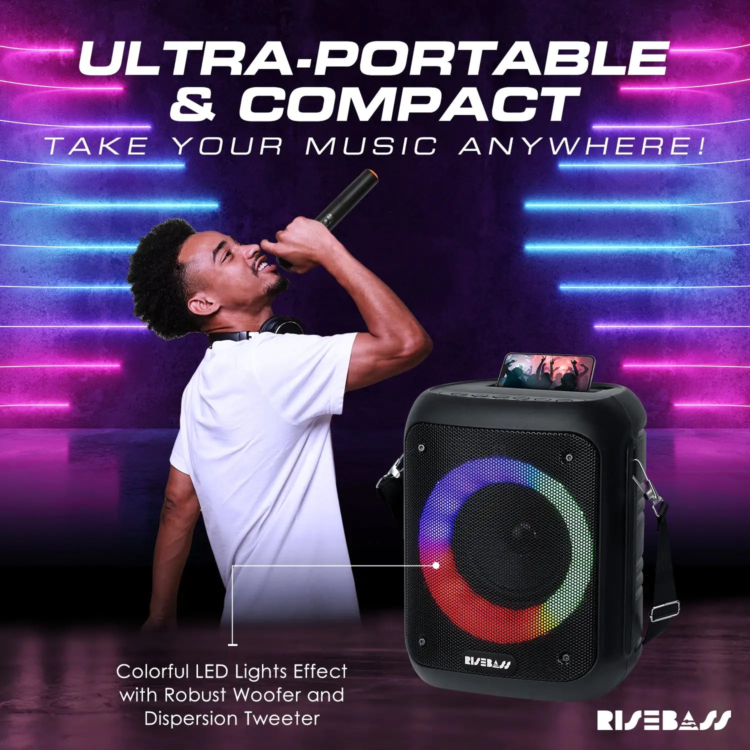 Ultra-portable home karaoke system with colorful LED lights and robust woofer featuring compact design