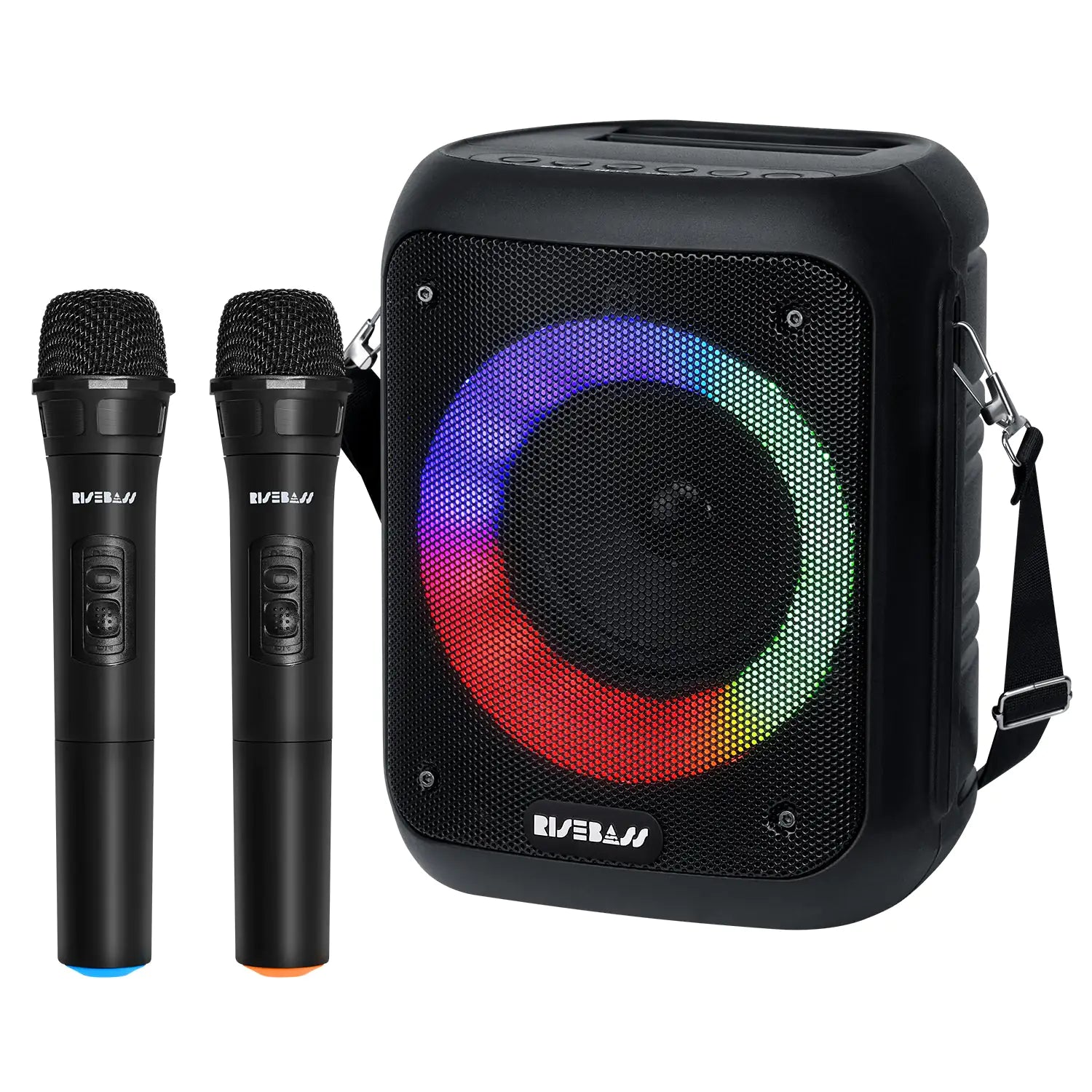 Portable black home karaoke system with colorful LED speaker and two wireless microphones