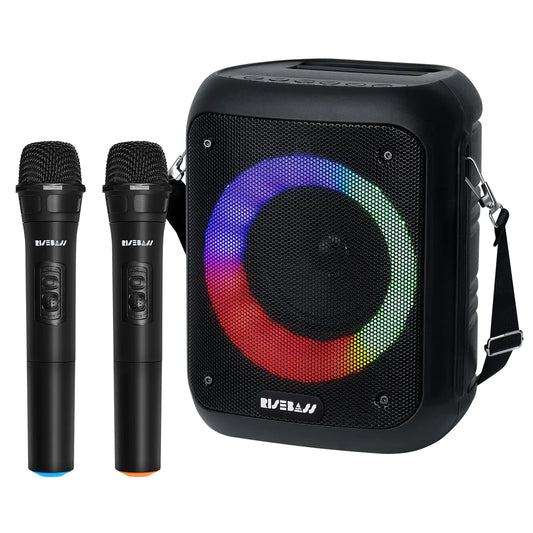 Portable black home karaoke system with colorful LED speaker and two wireless microphones