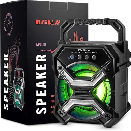 Risebass loud portable wireless speaker with green LED lights and sturdy handle in black